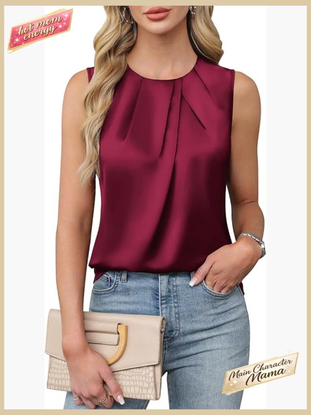 Satin Tank Top Business Casual Work Blouse Sleeveless Pleated Summer Top